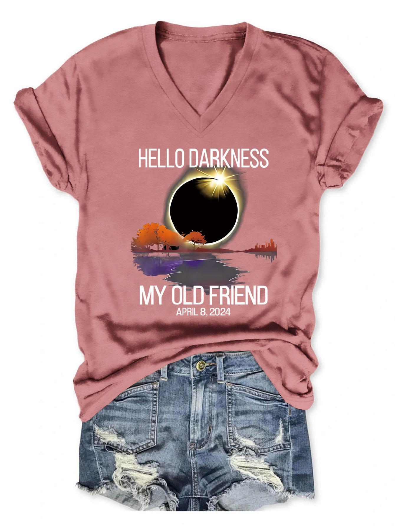 

Summer new Vneck fashion Tshirt hello darkness my old friend print loose casual shortsleeved top Womens allmatch pullover S