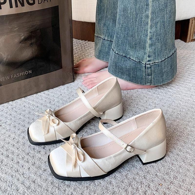 French Evening Wind Satin Bow Square Head Mary Jane Heels Dating One-Word Buckle-Up Shoes