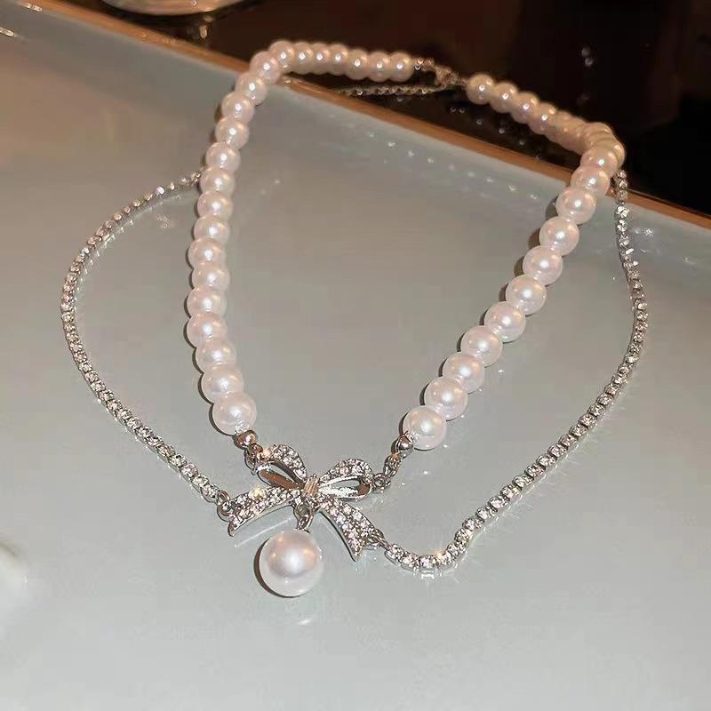 Vintage flash diamond bow pearl necklace female design sense cold wind choker neck chain collarbone chain female