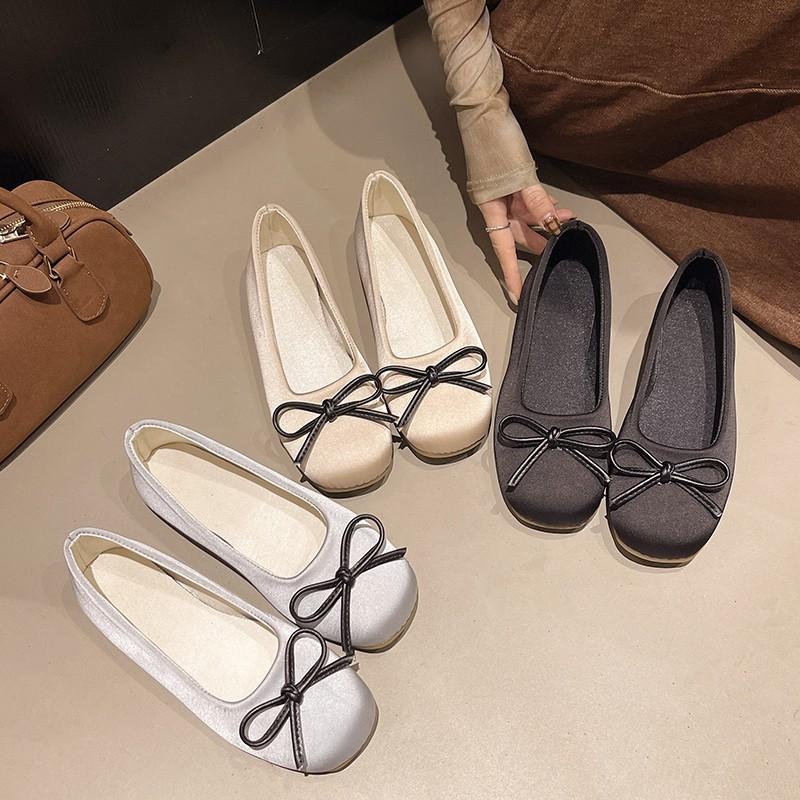 French bow round head ballet shoes fairy shoes flat gentle evening shoes summer new women's small single shoes