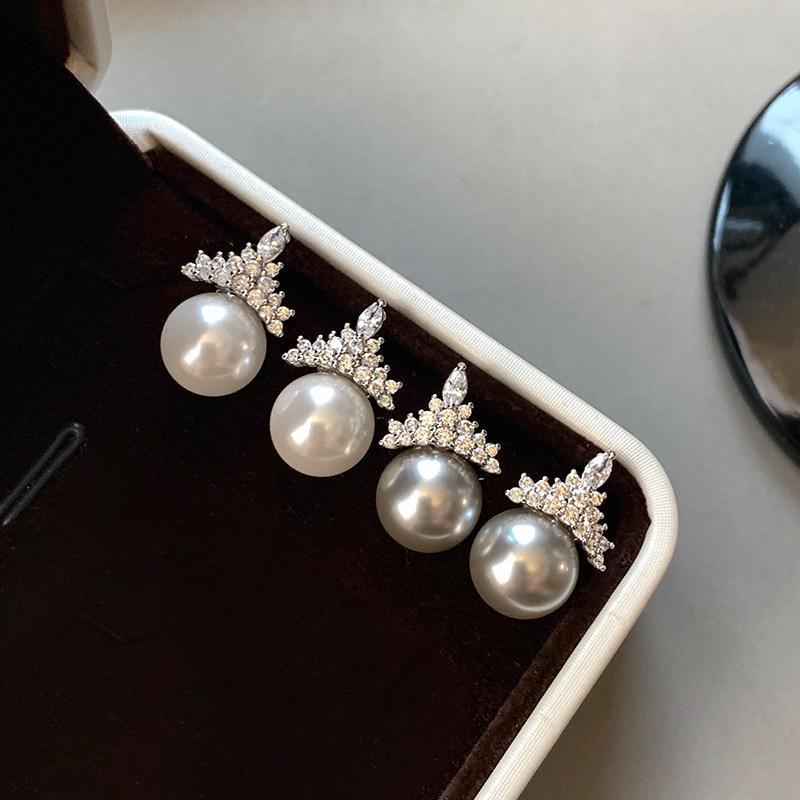 Shijiaao White Pearl Earrings & Snow Queen Crown High-End Clavicle Necklace for Women