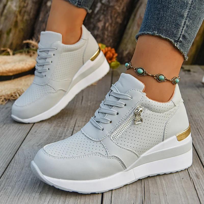 Fashion 2025 Autumn New Fashion Wedge Sneakers Women Lightweight Non Slip Casual Sports Shoes Woman Thick Sole Lace Up Chunky Sneakers