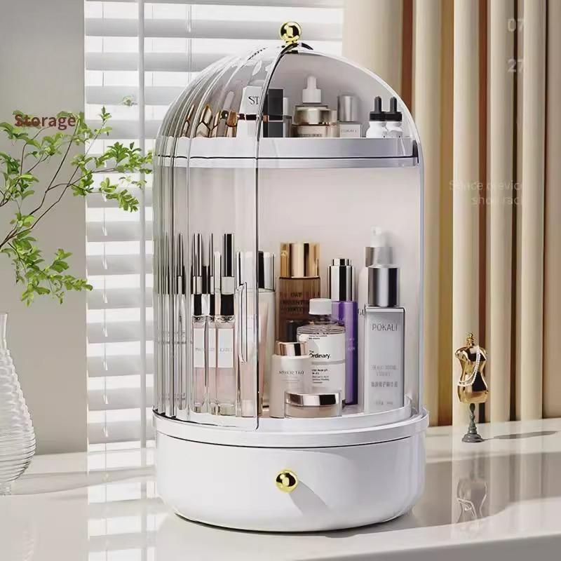 Light Luxury Transparent Cosmetic Organizer with Drawer Lids Rotating Storage Box Table Makeup Brush Lipstick Storage Rack Shelf