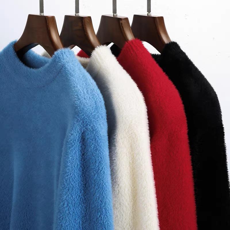 Men's European Jacquard Trend Crew Neck Faux Mink Cashmere Slim Fit Sweater