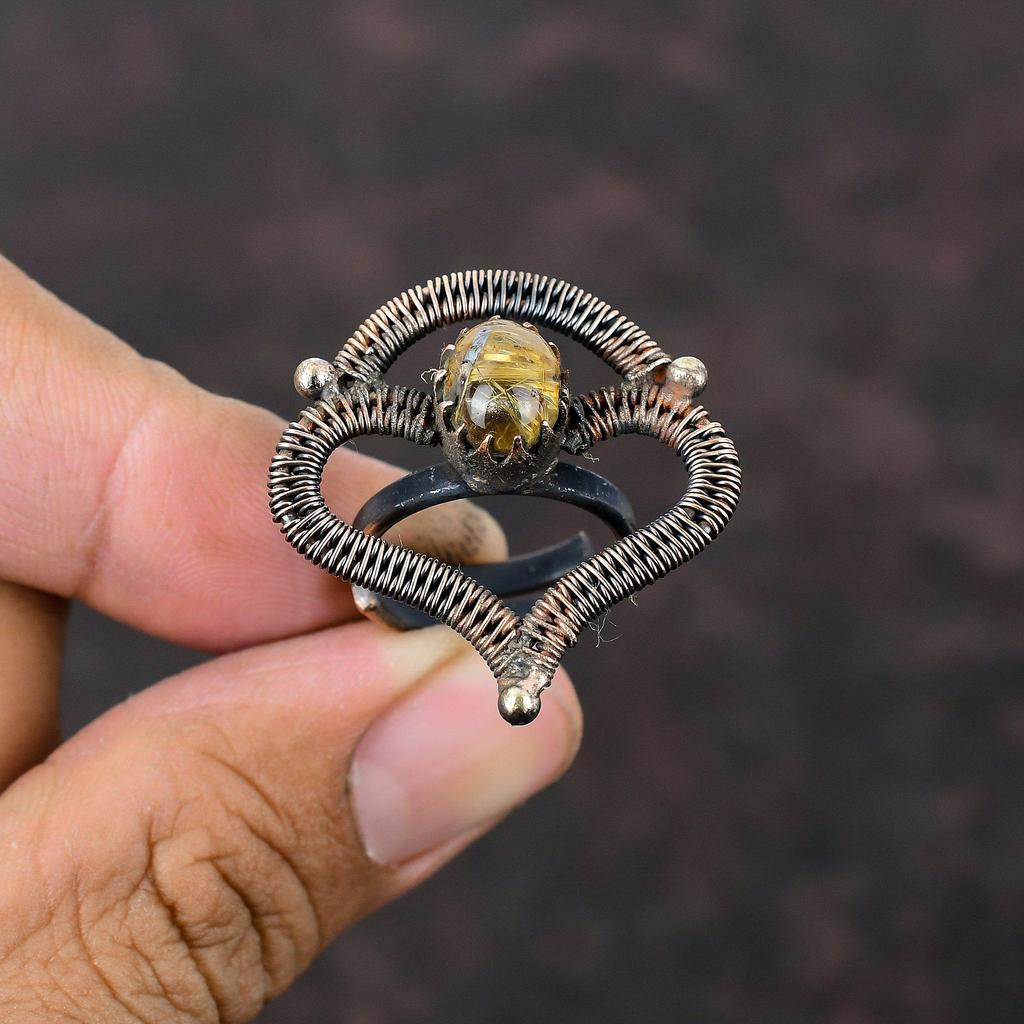 Golden Rutile Ring Copper Wire Wrapped Ring Adjustable Ring Handmade Jewelry Ring For Him Gemstone Rings Copper Wire Jewelry Engagement Gift