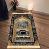 Muslim Sejadah Mat Black Gold Mecca Kaaba Print Golden Fringed Foldable Portable Alfombra Hajj Umrah Prayer Rug