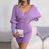 Woolen Wrap Dress Sexy Cross V Neck Batwing Sleeve Solid Color Winter Autumn Hip