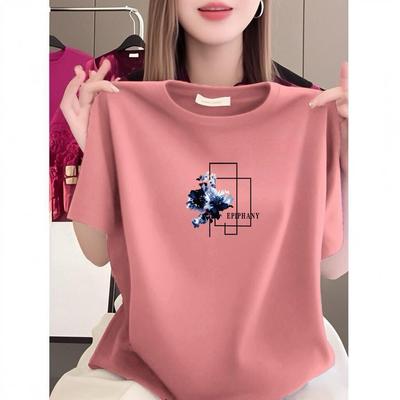 Liquidação: Camiseta Feminina Estilosa de Manga Curta Estampada, Corte Solto com Gola Redonda, Aparência Emagrecedora e Jovem, Perfeita para Uso Casual.
