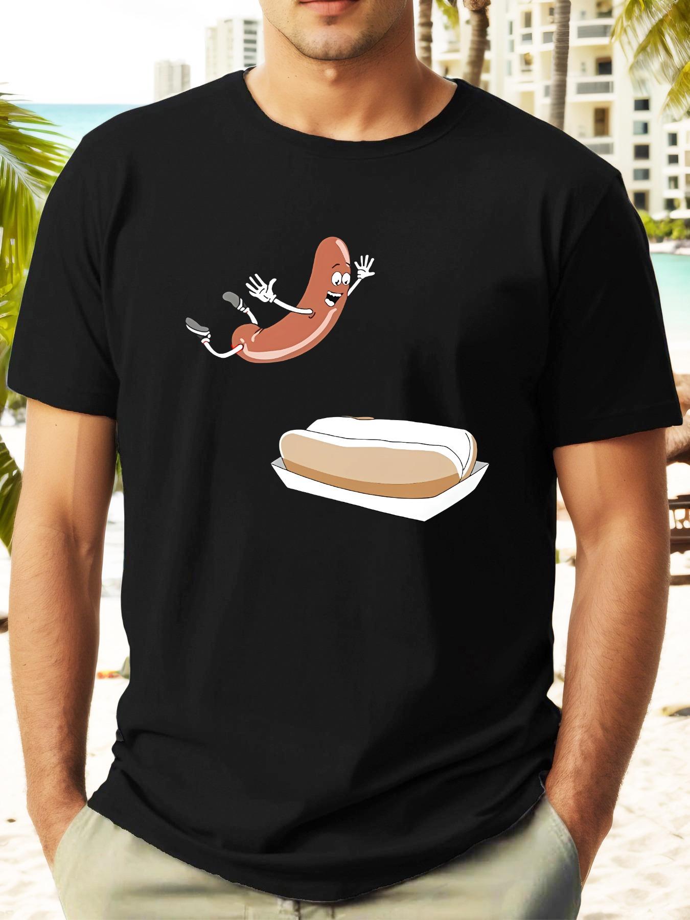 T-shirt with Playful Cartoon Hot Dog & Bun Graphic Print - Lightweight Summer Round Neck Tee for Adults L