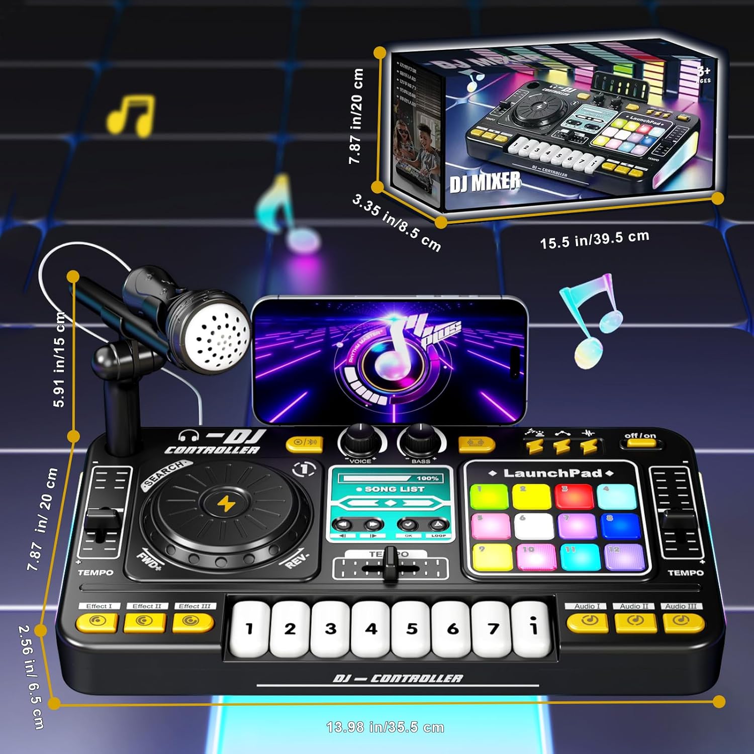 

Kids DJ Mixer Table with Microphone Bluetooth 8 Piano Keys LED Lights, Interactive Musical DJ Set, Music Toy Birthday Gift