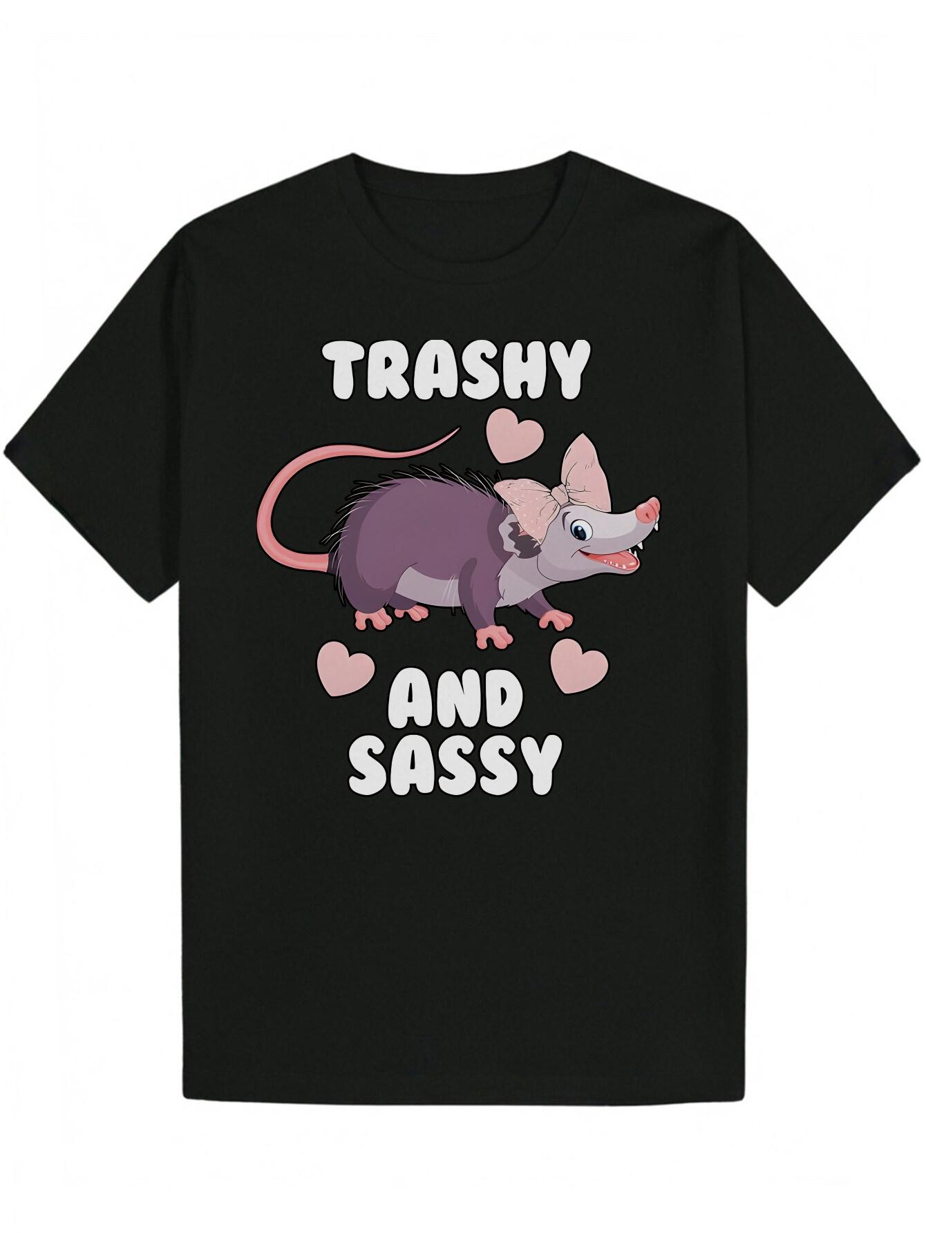 

T-shirt with Cartoon Possum & TRASHY AND SASSY Graphic - Black 100% Polyester Round Neck Tee XXXL