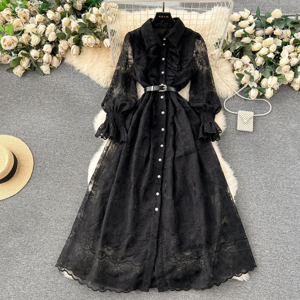 Women's Heavy Embroidery Ruffles Slim Fit Long Lace Dress