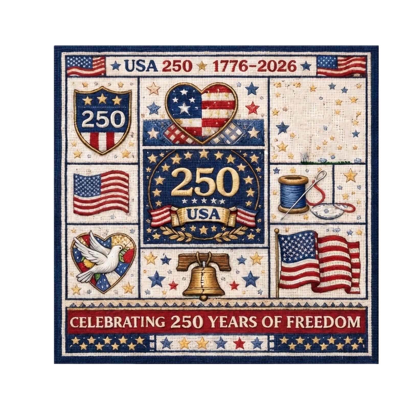 

USA 250 Years Freedom Commemorative Quilt Wall Hanging with Embroidered Patriotic Symbols and Decorative Stitching 1776 2026
