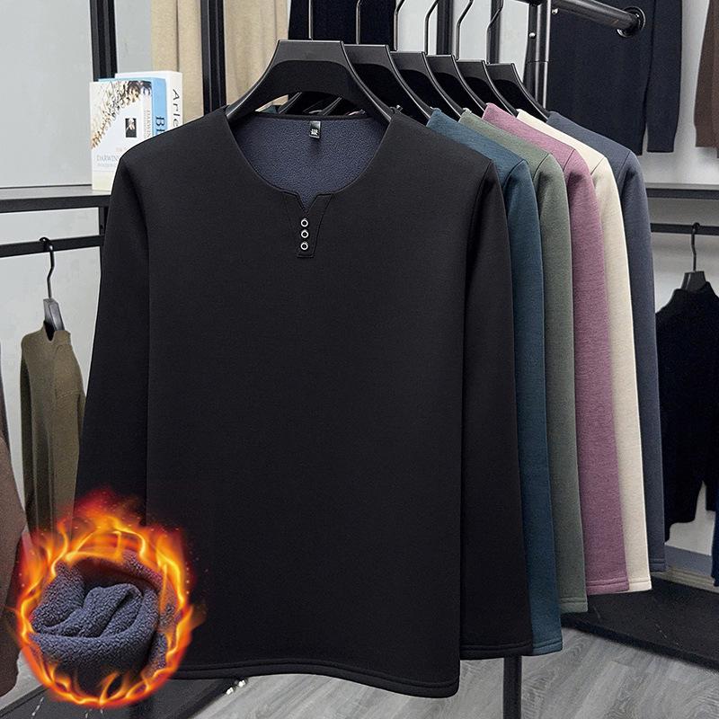 2025 Men's V-Neck Long Sleeve Plus Velvet Thickened T-shirt - Autumn/Winter, Youth Plus Size, Solid Color Base Layer