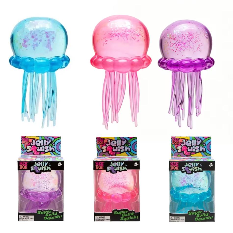Nee Doh Jelly Squish-Super Solid Squish Stress Ball, Glitter Filled Jellyfish Fidget Toy for Anxiety Relief, Soft Squeeze Sensory Toy for Kids Adults
