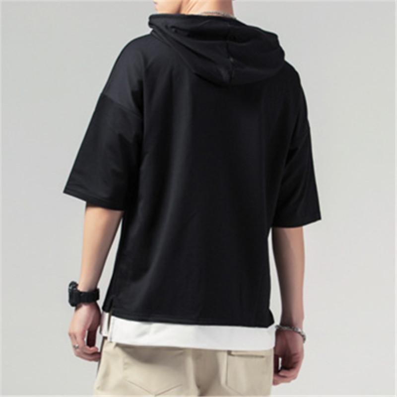 Summer Hooded T-Shirts Men Solid Short Sleeve Loose Streetwear Tees Male Vintage Casual Sports Tshirt Hooded Neck Tops Plus Size