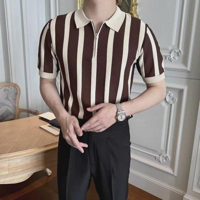 Camisa Polo de Seda Helada a Rayas de Ajuste Delgado para Hombre