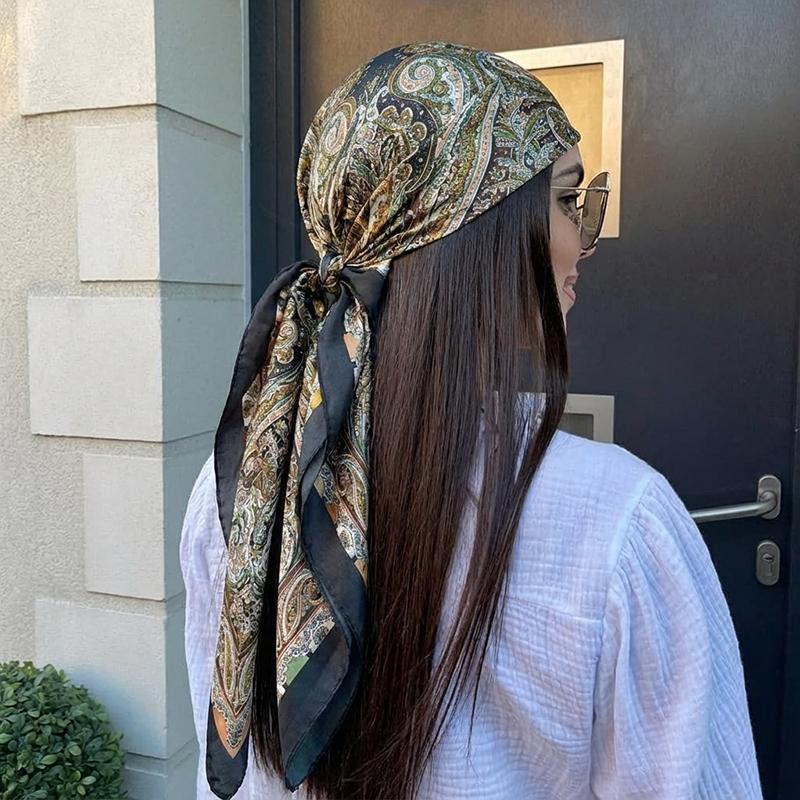 

Luxury Satin Square Scarf for Women Muslim Hijab Elegant Paisley Print Silk Neckerchief Shawl Wraps Bag Handle Ribbon Hairband 90X90 CM