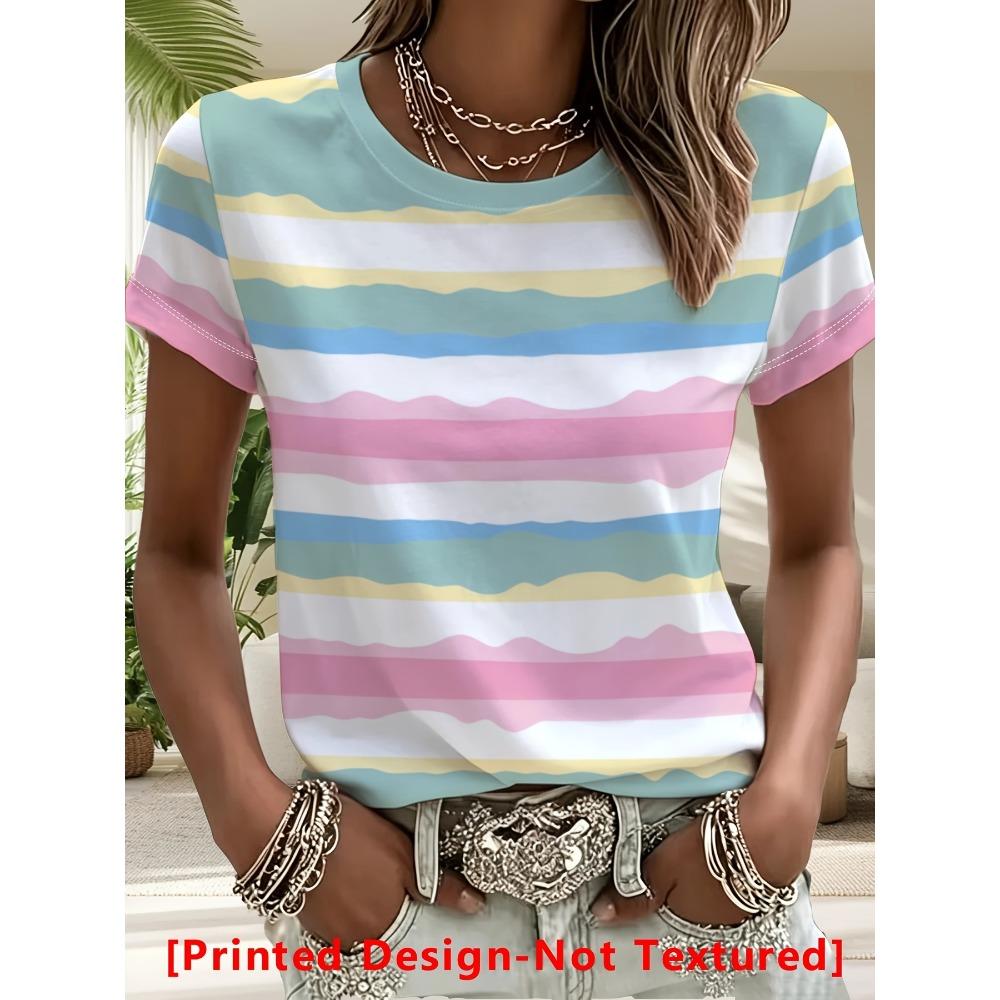 Color Striped Short-sleeved T-shirt, Women's Crew Neck Loose Top, Summer Printed Casual Fashion Women's Clothing
