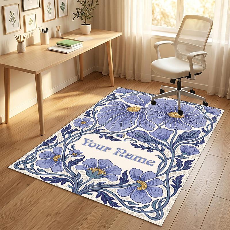 Floral Art Nouveau Theme Soft Crystal Velvet Rug Custom Name & Text Print Non Slip Floor Rug for Bedroom Living Room