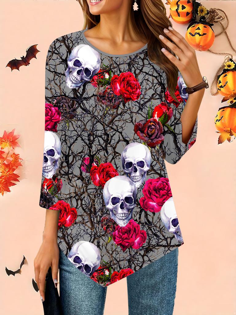 Women's Loose Round Neck Three Quarter Sleeve Tee 3D Halloween Pattern Ideal Halloween and Christmas Gift