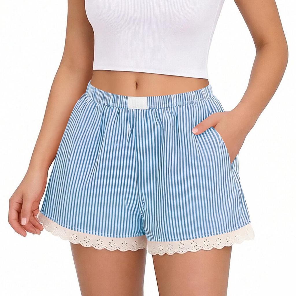 Women's Fashion Striped Shorts with Lace Trim Elastic Waistband Casual Summer Beachwear Comfortable Lightweight Lounge Bottoms
