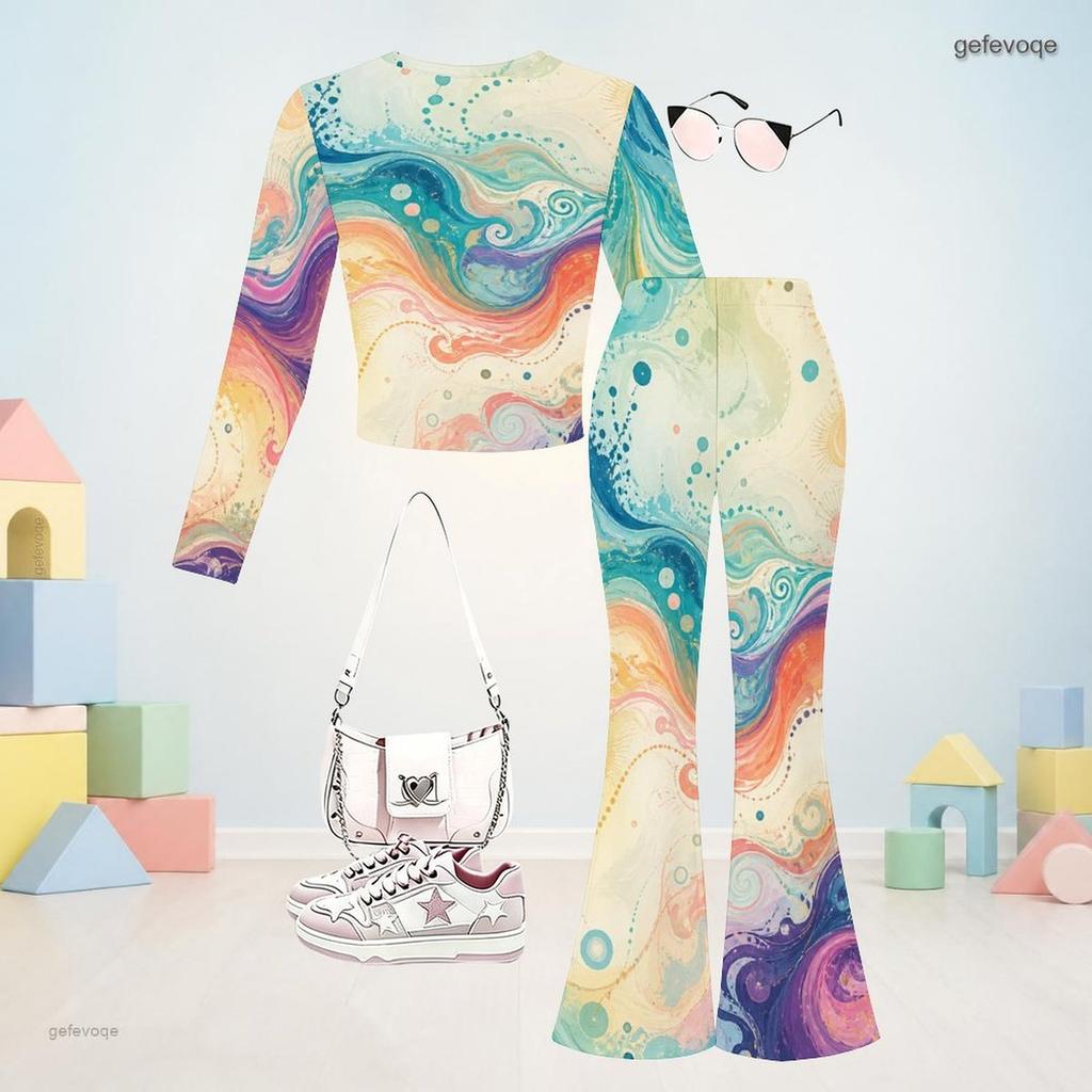 Girls Round Neck Long Sleeve Glitter Swirl Printed Top Flared Pants Two Piece Set