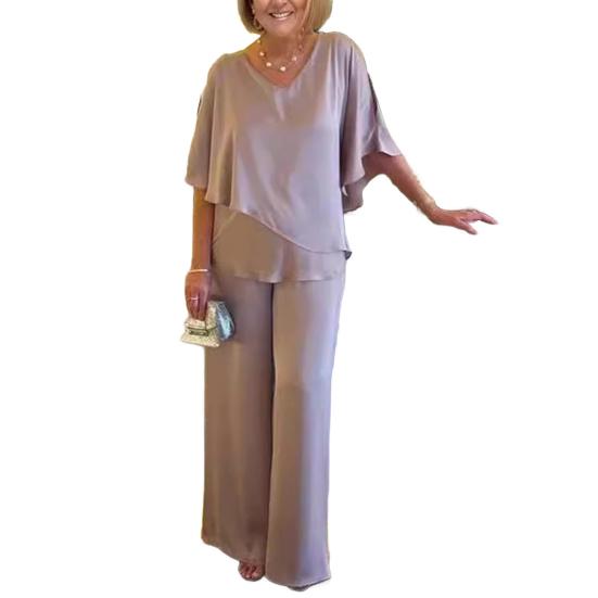 Summer Two Piece Outfit with V-Neck Layered Top and Wide Leg Pants