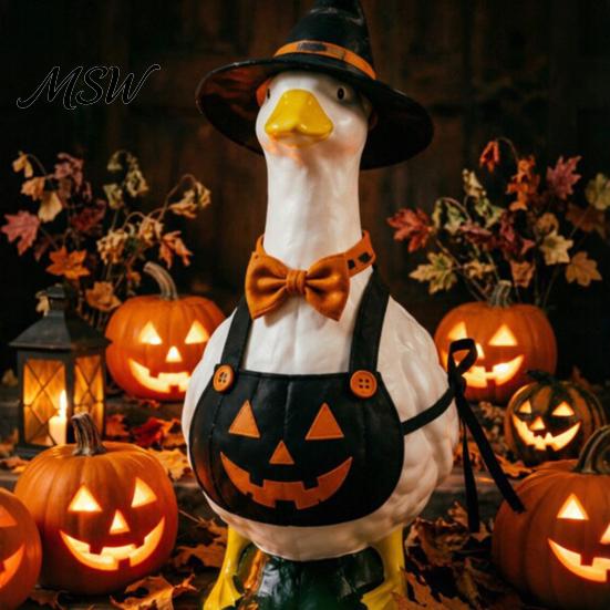 Whimsical Outdoor Decoration Halloween Mini Desk Goose Statue, Cute Small Figurine with Pumpkin Apron Statue And Wizard Hat for Home Office