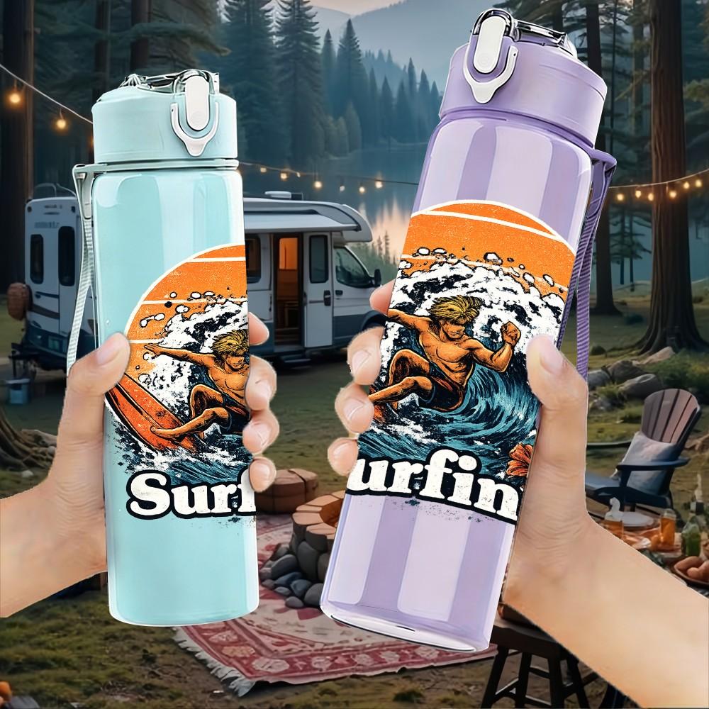 1PC Surfing Man Ocean Wave Retro Print 750ml Color Plastic Sports Water Bottle Leakproof Flip Straw Lid Suitable for Sports Office Home Use