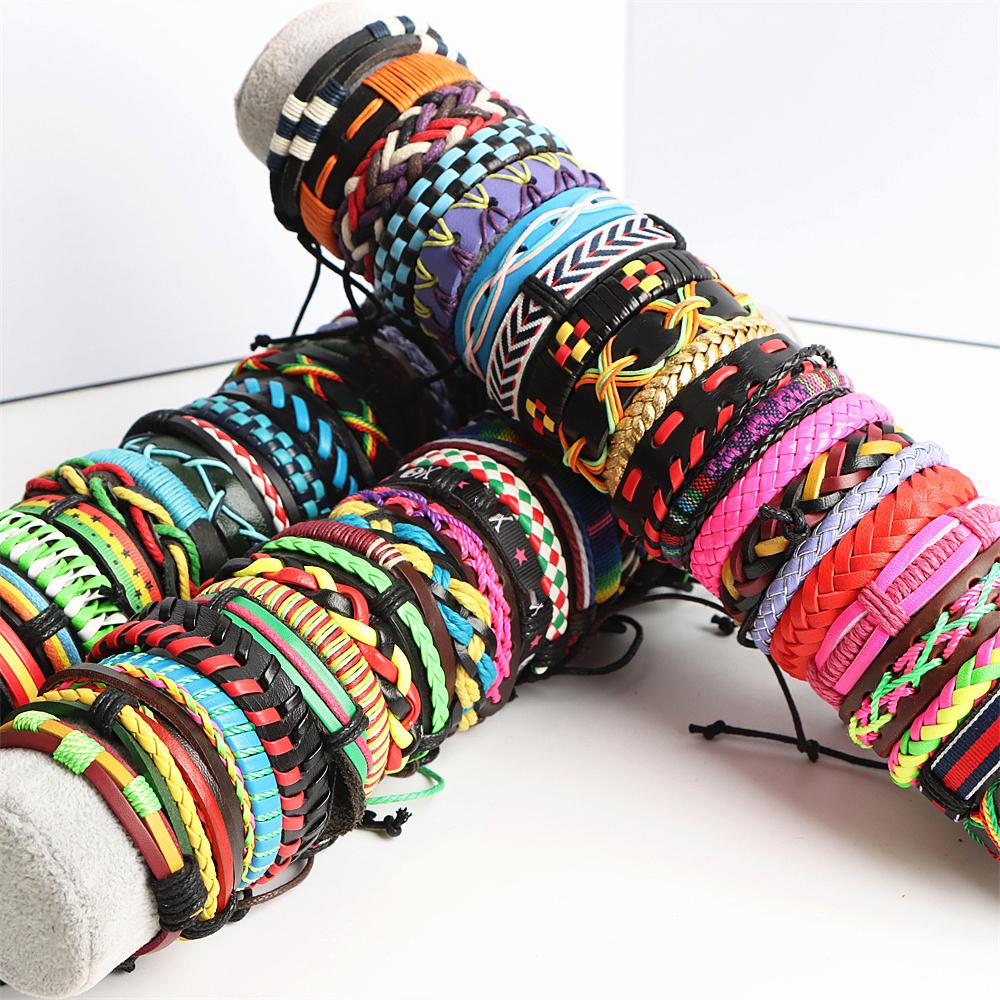 20pcs /Lot Handmade Retro Vintage Leather Cuff Bracelets Colorful Bangle Jewelry For Women Men Mix Styles Adjustable Party Gifts
