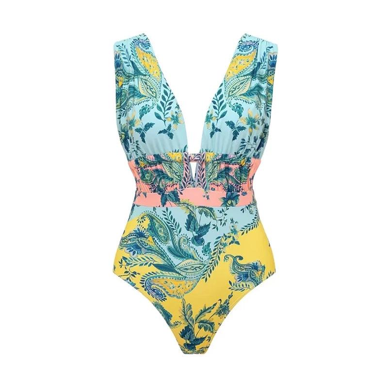 European and American swimwear floral vacation style one-piece swimsuit beach suit women S