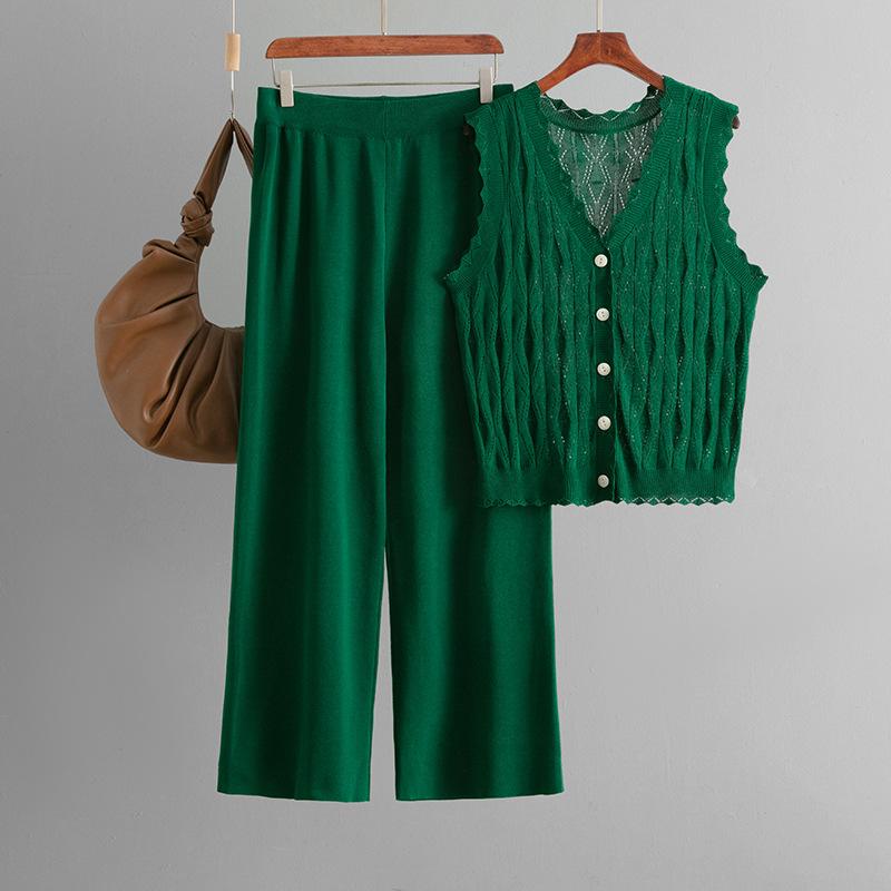 

Летний простой кардиган, свободный вязаный жилет без рукавов, комплект, трикотажный комплект-двойка с широкими брюками для женщин OneSize зелёный
