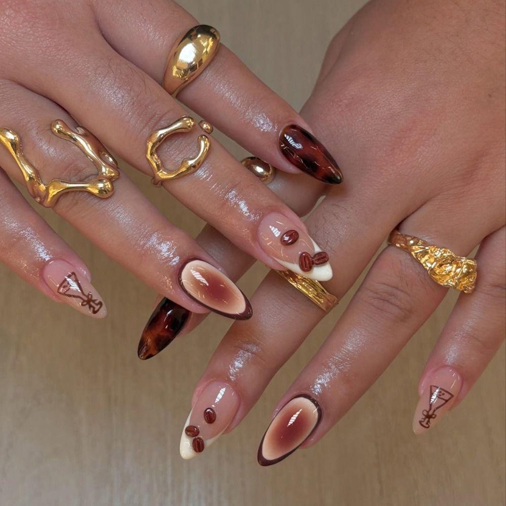 24pcs Long Almond Fake Nails French White Edge Press On Nails Manicure False Nails  Women