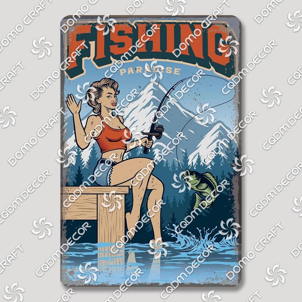 Vintage Znak Metalowy Blaszany Dziewczyny Wędkujące Retro Kobieta z Psami Dekoracja Ścienna dla Klubu Wędkarskiego Dom Wiejski