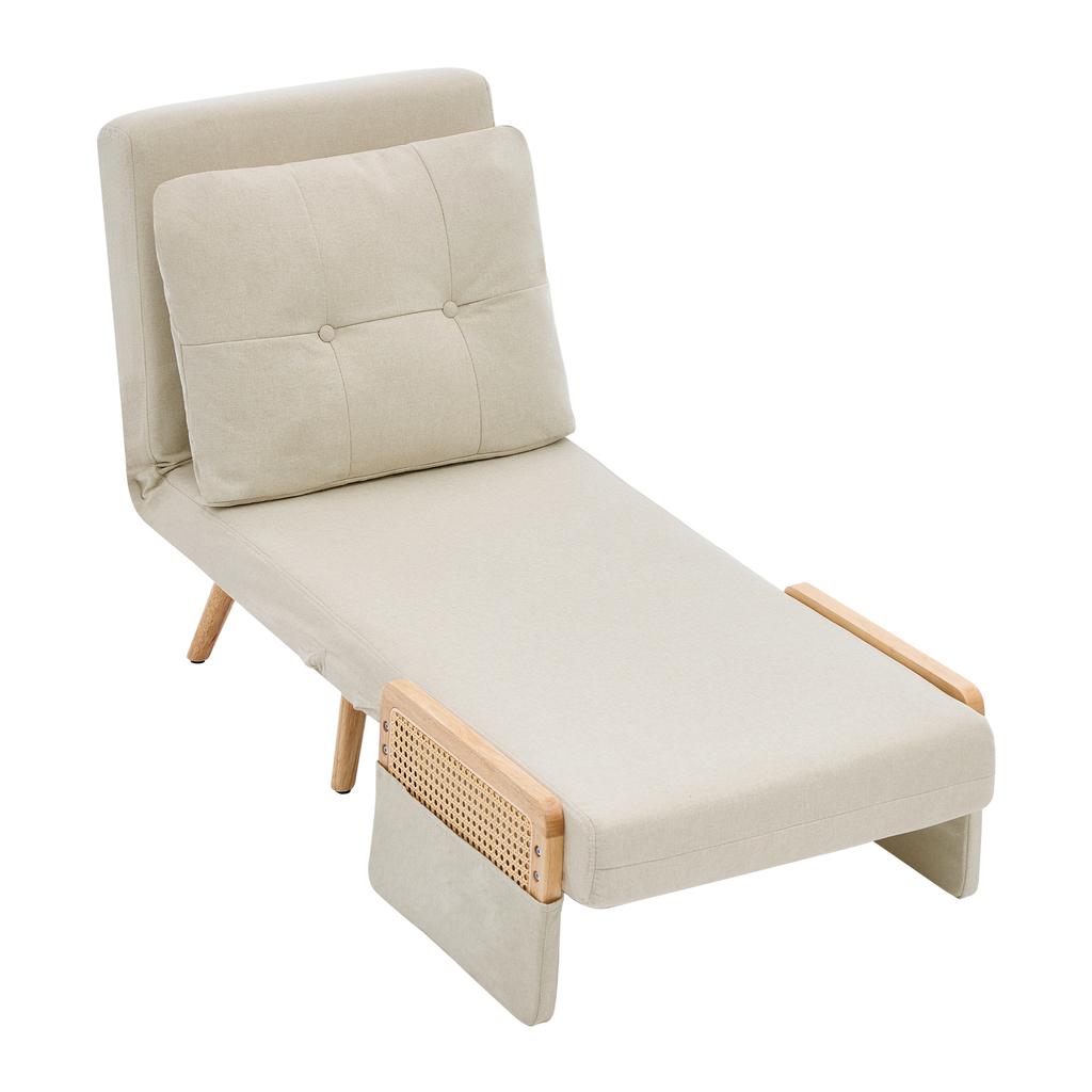 3-in-1 Sleeper Chair with Sleep Function, Foldable Relax Chair & Guest Bed, Lounge Chair with 5-Way Adjustable Backrest and Rattan Armrests, Beige.