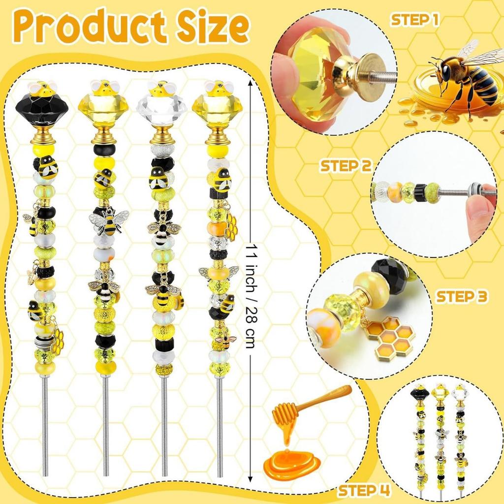 Garden Decor Bee Garden Stakes Fairy Wand DIY Beaded Stakes for Craft Supply, Yellow, 1pc