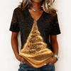 Casual Kerst V-hals Top met Korte Mouwen en Feestelijke Print voor Vakantiefeest