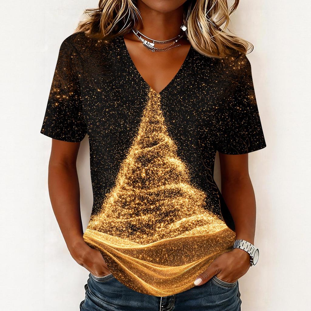 Casual Kerst V-hals Top met Korte Mouwen en Feestelijke Print voor Vakantiefeest