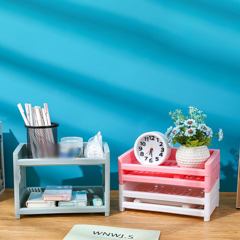 PP Desktop Double Layer Storage Rack Rectangular White Organizing Student Desk Office Cosmetics Stationery