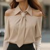 New Elegant Off-Shoulder Long Sleeve Women Tie Shirts Fashion Spring and Autumn Sexy Blouse Woman Lapel Casual Sweet Solid Color Top