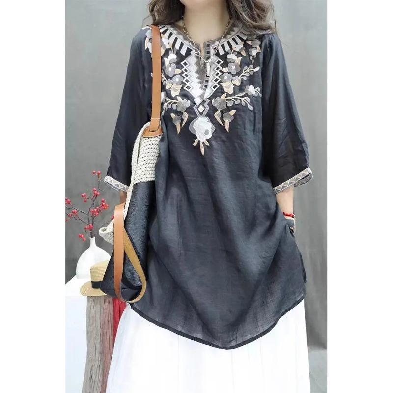 Sommer Schwerindustrie Damen Vintage Bestickt Mittellang Locker Leinen Stilvoll Lässig Pullover