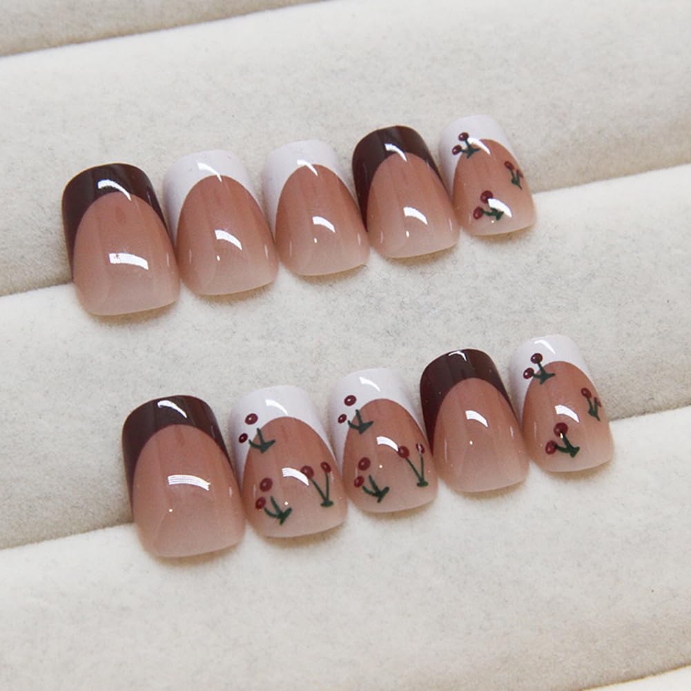 French Tip Press on Nails Medium Length Nails Press Ons 24Pcs Fake Nails Glue on Nails With Cute Little Flowers Stick on Nails Artificial Acrylic