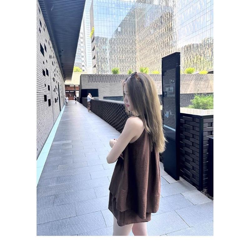 Summer Casual Sleeveless Off Shoulder Tie Front Crop Top and Shorts Two Piece Set Cover Tummy