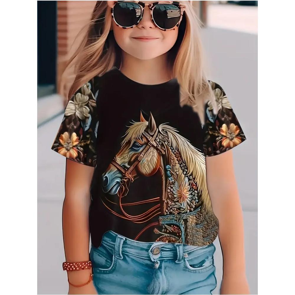 Children's Clothing Girl Cute and Funny Animal Horse 3D Print Graphic Style Comfortable Crew Neck Top