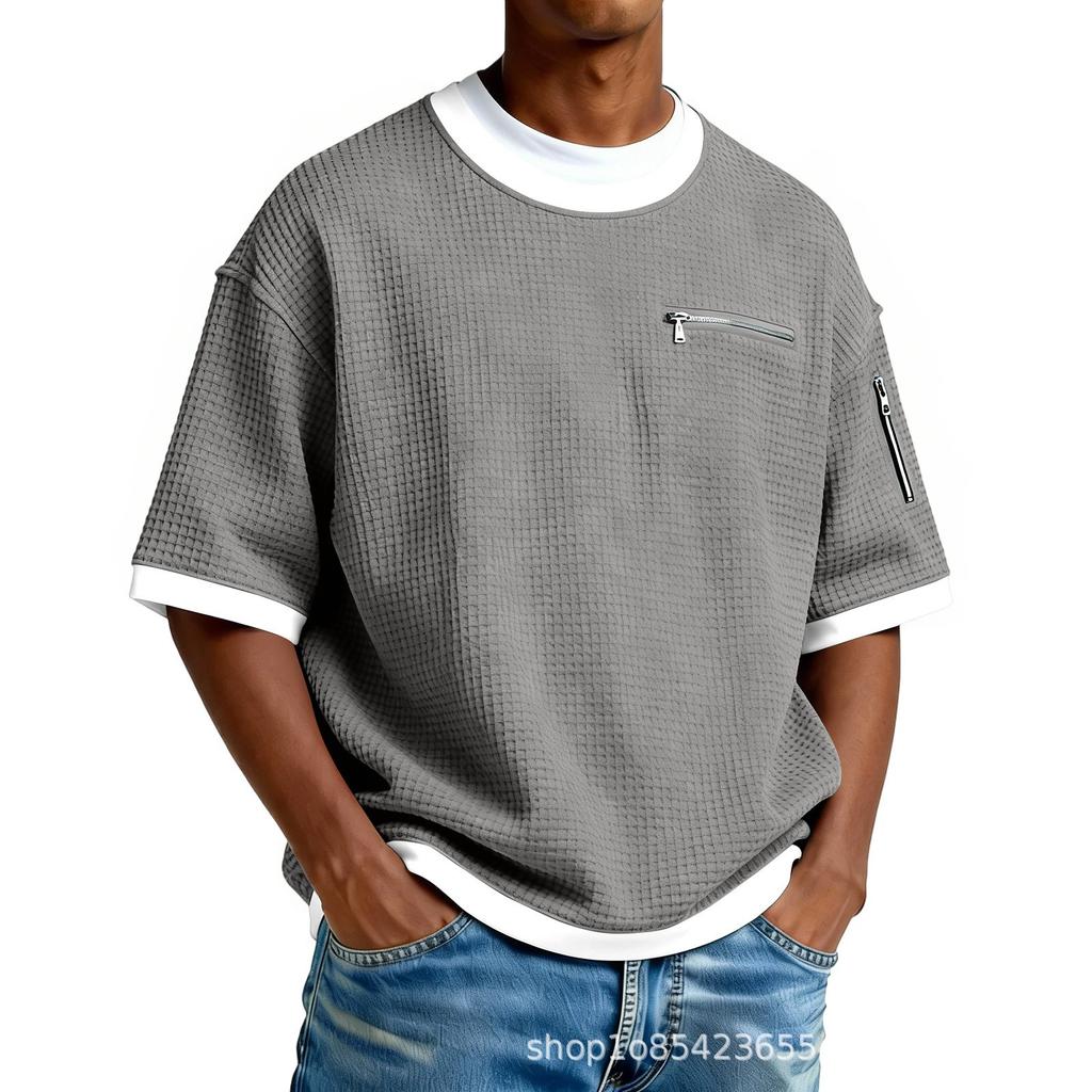 Simple Waffle-patterned Faux Two-piece Casual Short-sleeve T-shirt, Solid Color, New Men's Fashion, Color-blocking Top