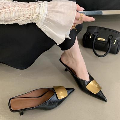 2025 Summer New Metal Buckle Pointed Head Thin Heel Bag Head Slippers Women Wear Sandals Muller Shoes Half Slippers