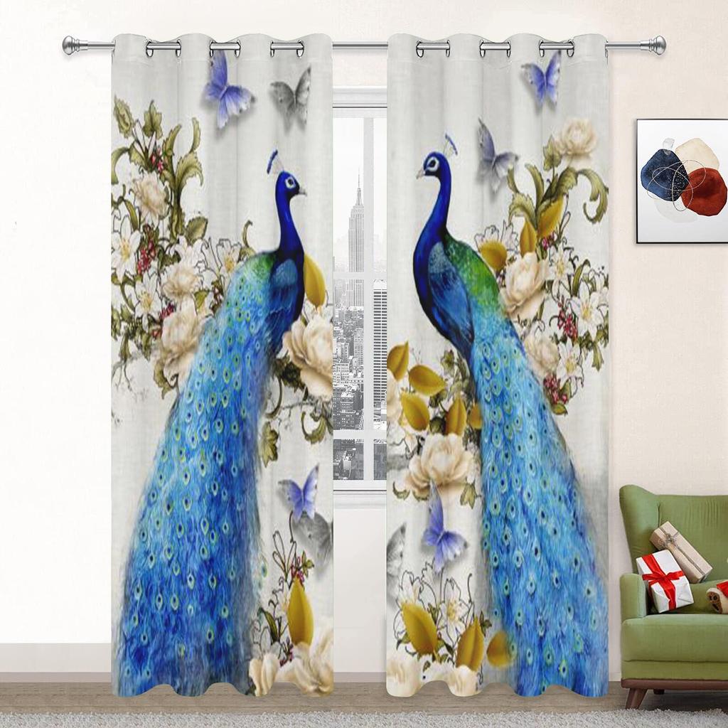 3D Animal Peacock Aesthetic Pattern Sunshade Curtain 2 Pieces of Living Room Bedroom Home Decoration Bed Empty Hook
