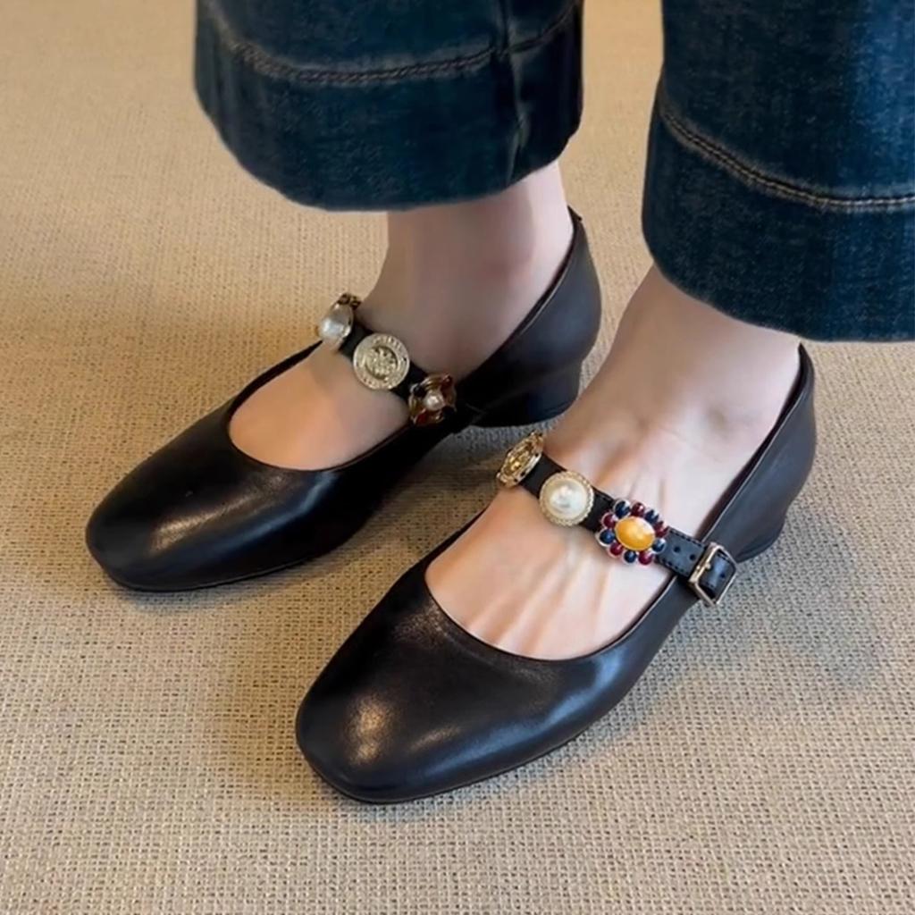 Sheepskin Version~ One-word Buckle Leather Round Head Mary Jane Shoes Women's Retro Low-heeled Temperament Ballet Shoes Single Shoes