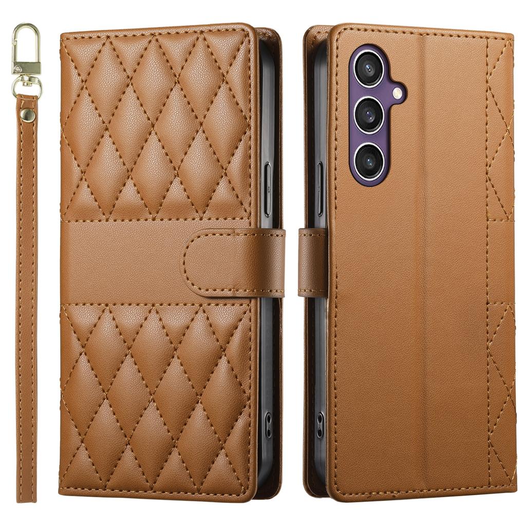 For Samsung Galaxy S23 FE Case Rhombus Stitching Wallet Stand Leather Phone Cover with Long/Short Strap